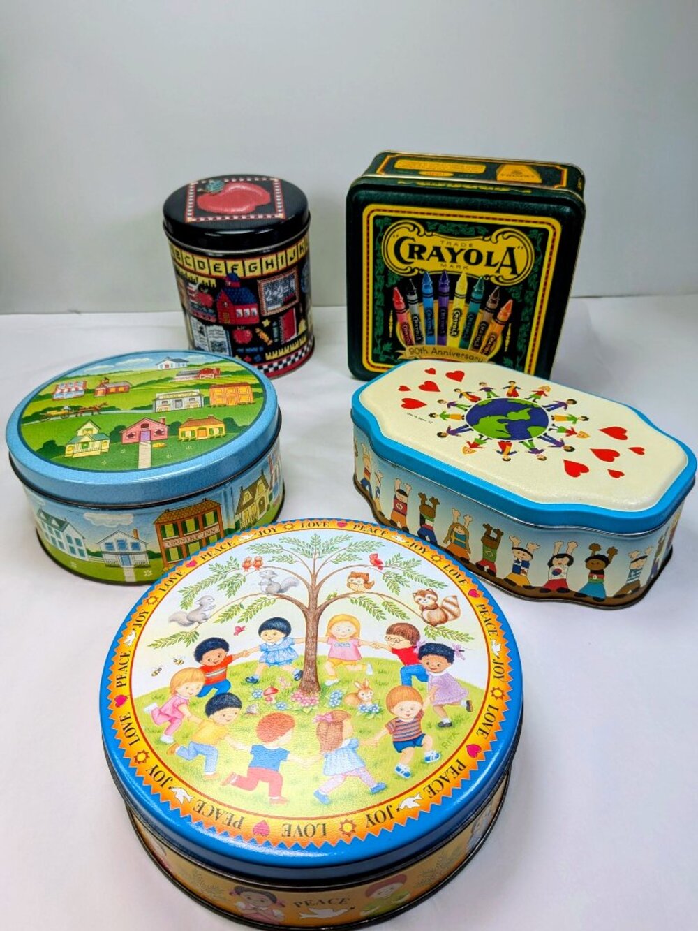 VTG Teacher Metal Tin Bundle: (5) Collectible Storage Tins (Crayola, ABC, Decor)